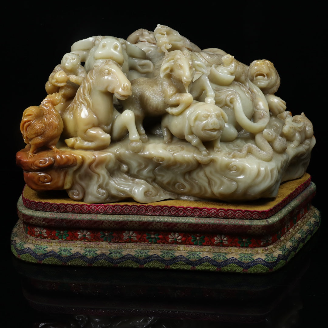 A1501 Superb Vintage Chinese Shoushan Stone Carved 12 Zodiacs Statue