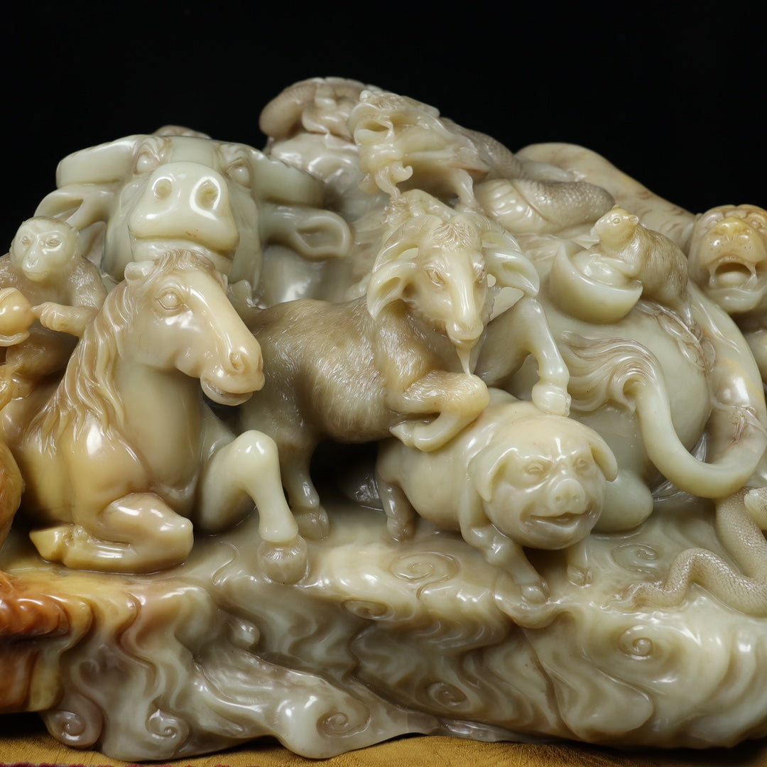 A1501 Superb Vintage Chinese Shoushan Stone Carved 12 Zodiacs Statue