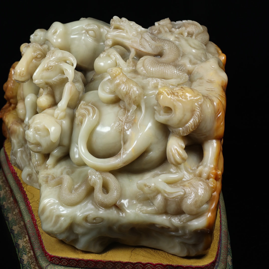 A1501 Superb Vintage Chinese Shoushan Stone Carved 12 Zodiacs Statue