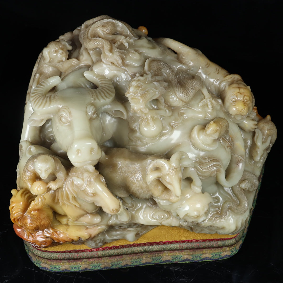 A1501 Superb Vintage Chinese Shoushan Stone Carved 12 Zodiacs Statue