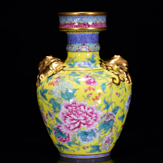 A1502 Chinese Qing Dynasty Gilt Edge Famille Rose Flowers Design Porcelain Vase