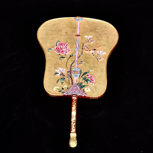 A1508 Chinese Gilt Gold Famille Rose Flowers Bird Design Porcelain Palm-leaf Fan Statue