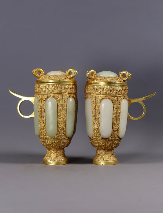 A1520 A Pair Vintage Chinese Gilt Gold Inlay Hetian Jade Cups
