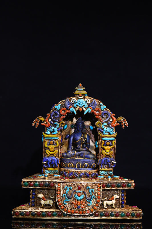 A1525 Tibetan Gold Wires Inlay Lapis Lazuli & Turquoise & Gems Shrines & Lapis Lazuli Medicine Buddha Statue