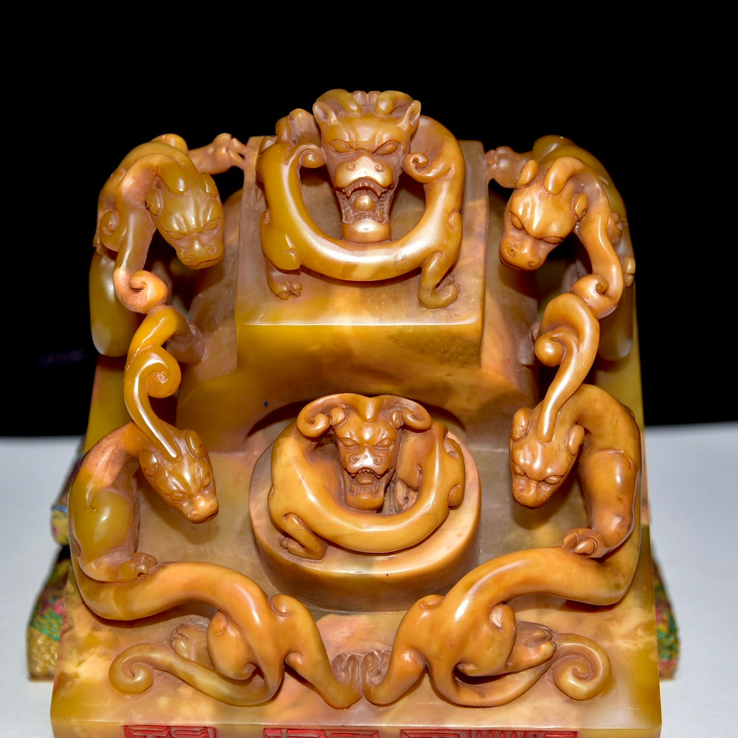 A1527 Superb Old Chinese Tianhuang Stone Carved Chi Dragon Seal Statue