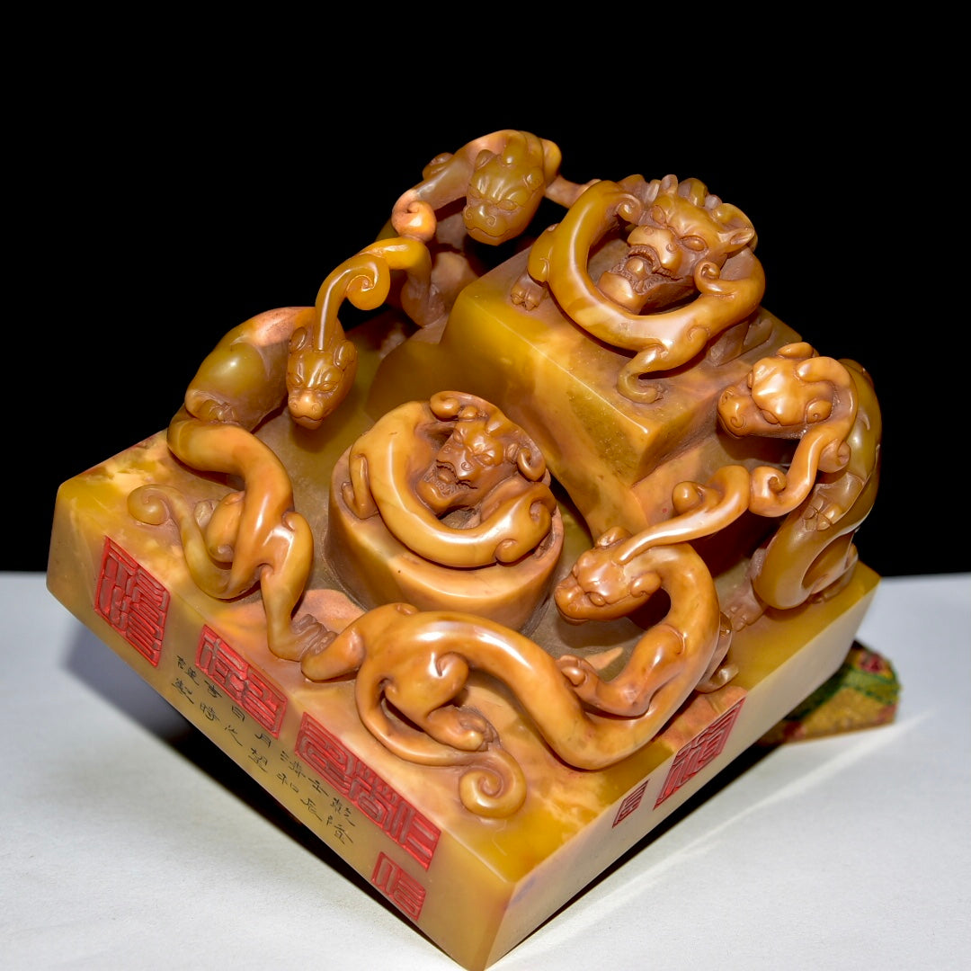 A1527 Superb Old Chinese Tianhuang Stone Carved Chi Dragon Seal Statue