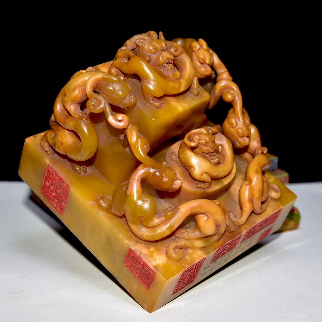 A1527 Superb Old Chinese Tianhuang Stone Carved Chi Dragon Seal Statue