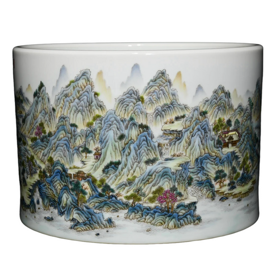 A1528 Chinese Qing Dynasty Famille Rose Mountain River Scene Design Porcelain Brush Pot