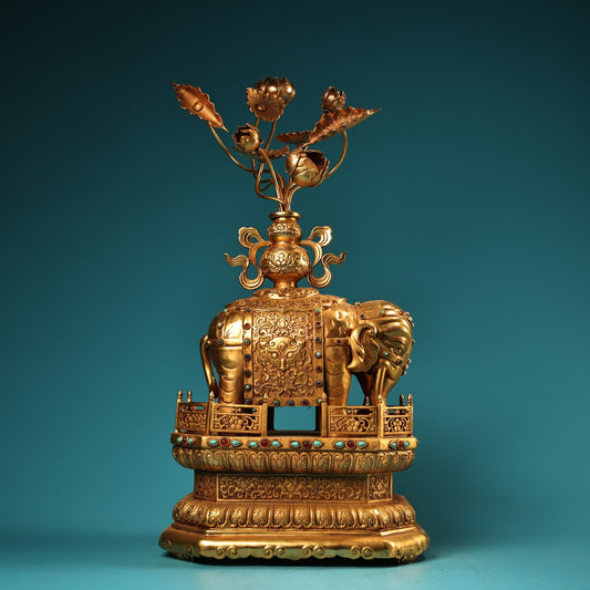 A1531 Chinese Gilt Gold Copper Inlay Turquoise & Gem Elephant Statue