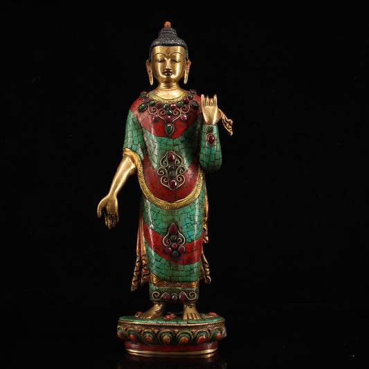 A1536 Tibetan Buddhism Gilt Gold Copper Inlay Turquoise & Gems Buddha Statue