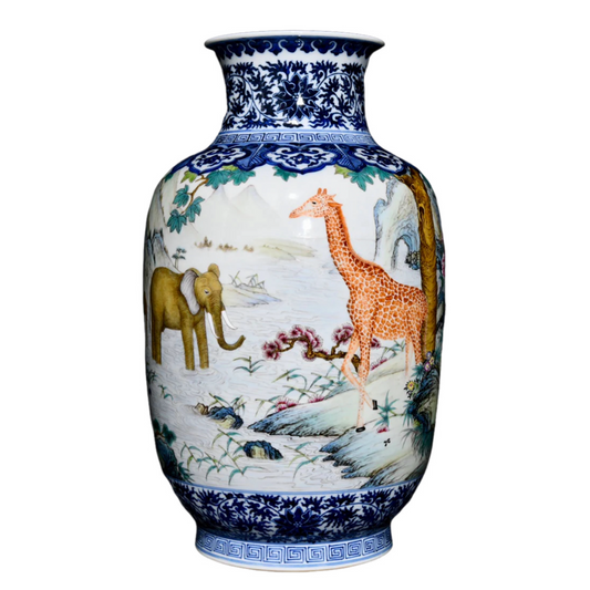 A1537 Chinese Qing Dynasty Famille Rose+Blue And White Porcelain Elephant & Deer Design Porcelain Vase