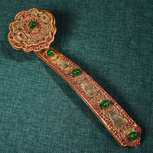 A1538 Exquisite Gold Wires Enamel Inlay Gems Ruyi Scepter Statue