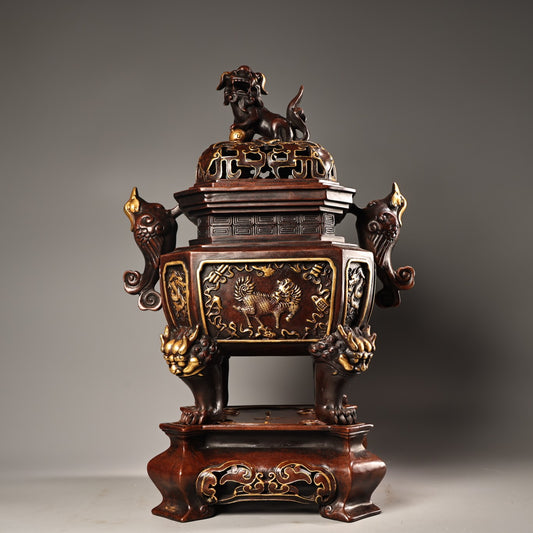 A1550 Vintage Chinese Gilt Gold Copper Fortune Lion Incense Burner