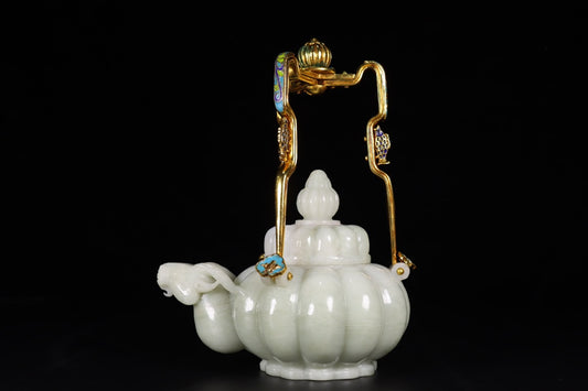 A1553 Superb Chinese Gilt Gold Enamel Inlay Hetian Jade Carved Fortune Sheep HandleTeapot