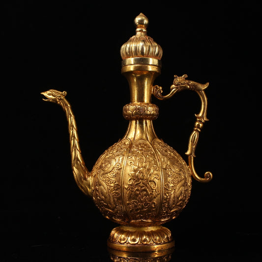A1560 Vintage Chinese Gilt Gold Copper Low Relief Fortune Dragon Wine Pot
