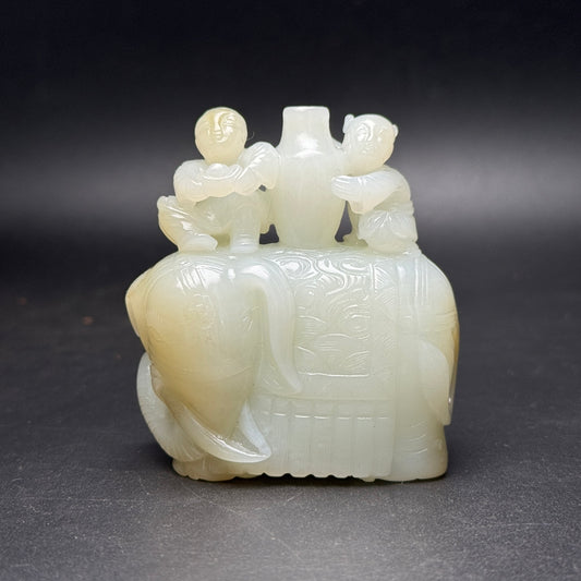 A1565 Superb Chinese Hetian Jade Carved Elephant & Kids Statue