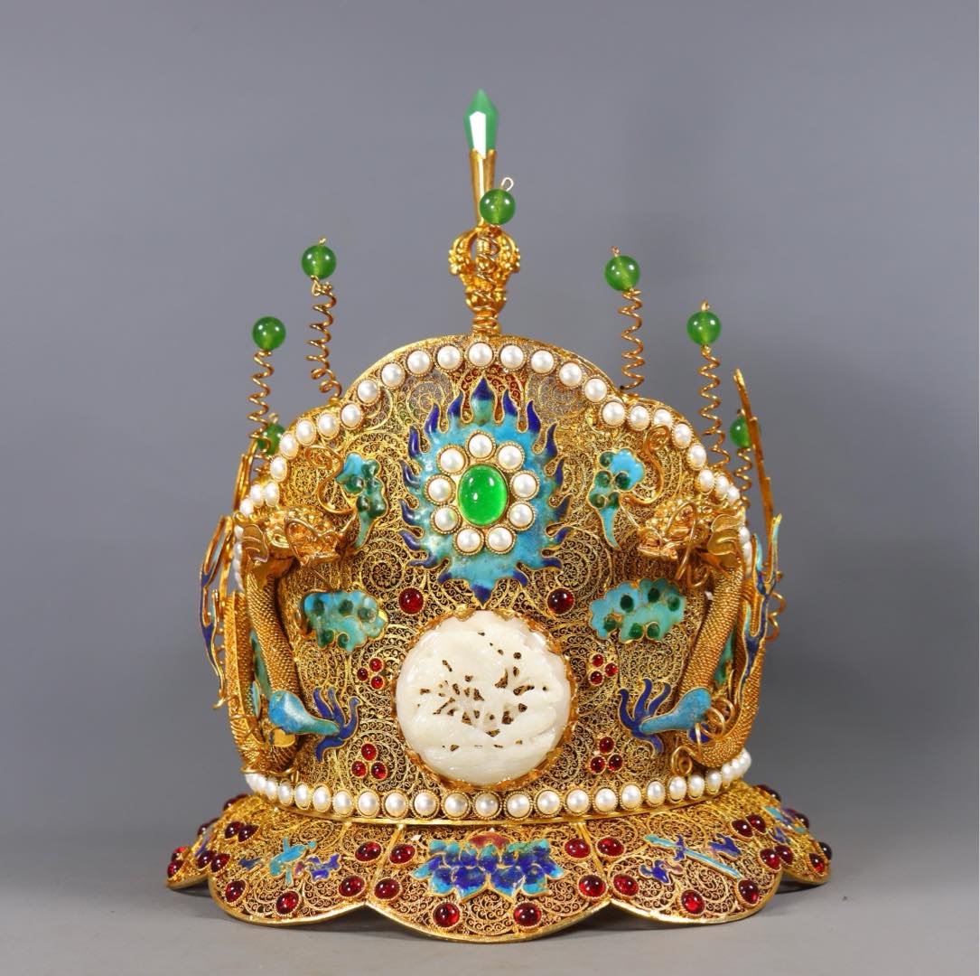 A1566 Exquisite Chinese Gold Wires Enamel Inlay Hetian Jade & Gems Hat Crown