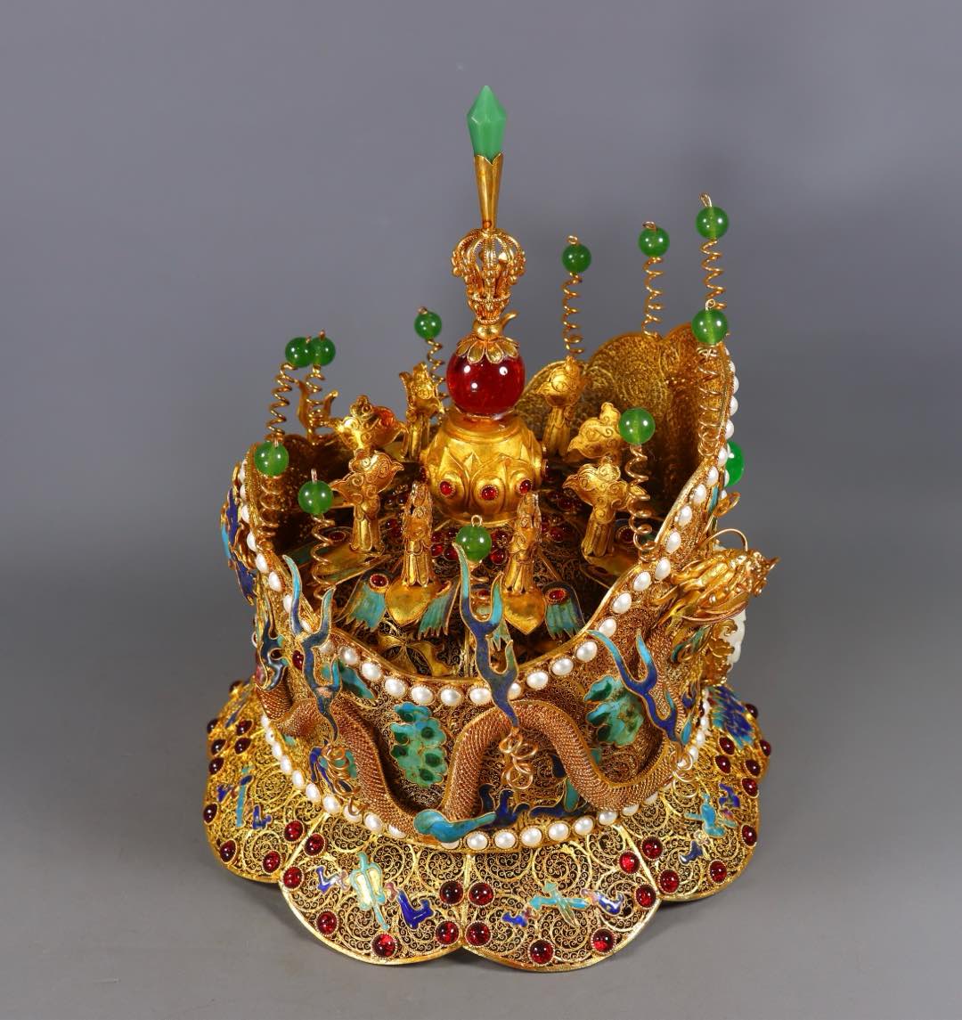 A1566 Exquisite Chinese Gold Wires Enamel Inlay Hetian Jade & Gems Hat Crown