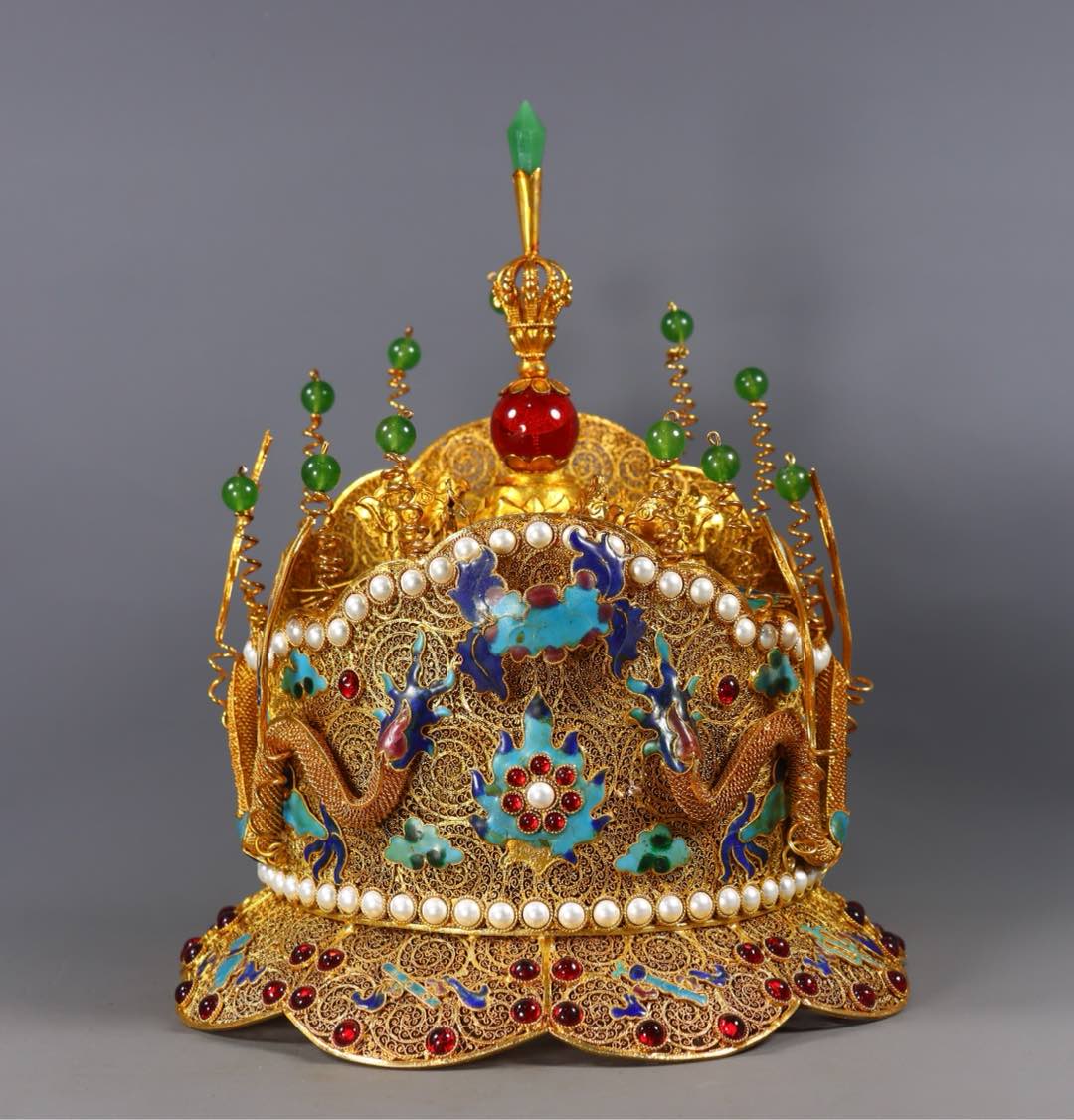 A1566 Exquisite Chinese Gold Wires Enamel Inlay Hetian Jade & Gems Hat Crown