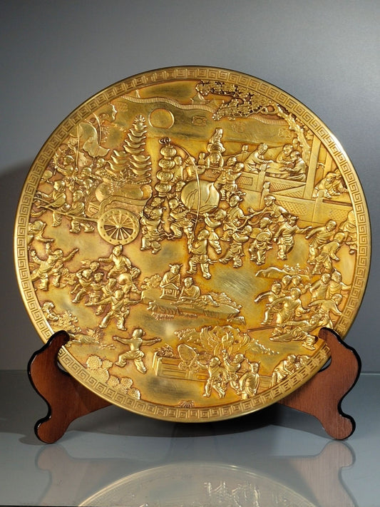 A1573 Vintage Chinese Gilt Gold Bronze Low Relief Kids Bronze Mirror