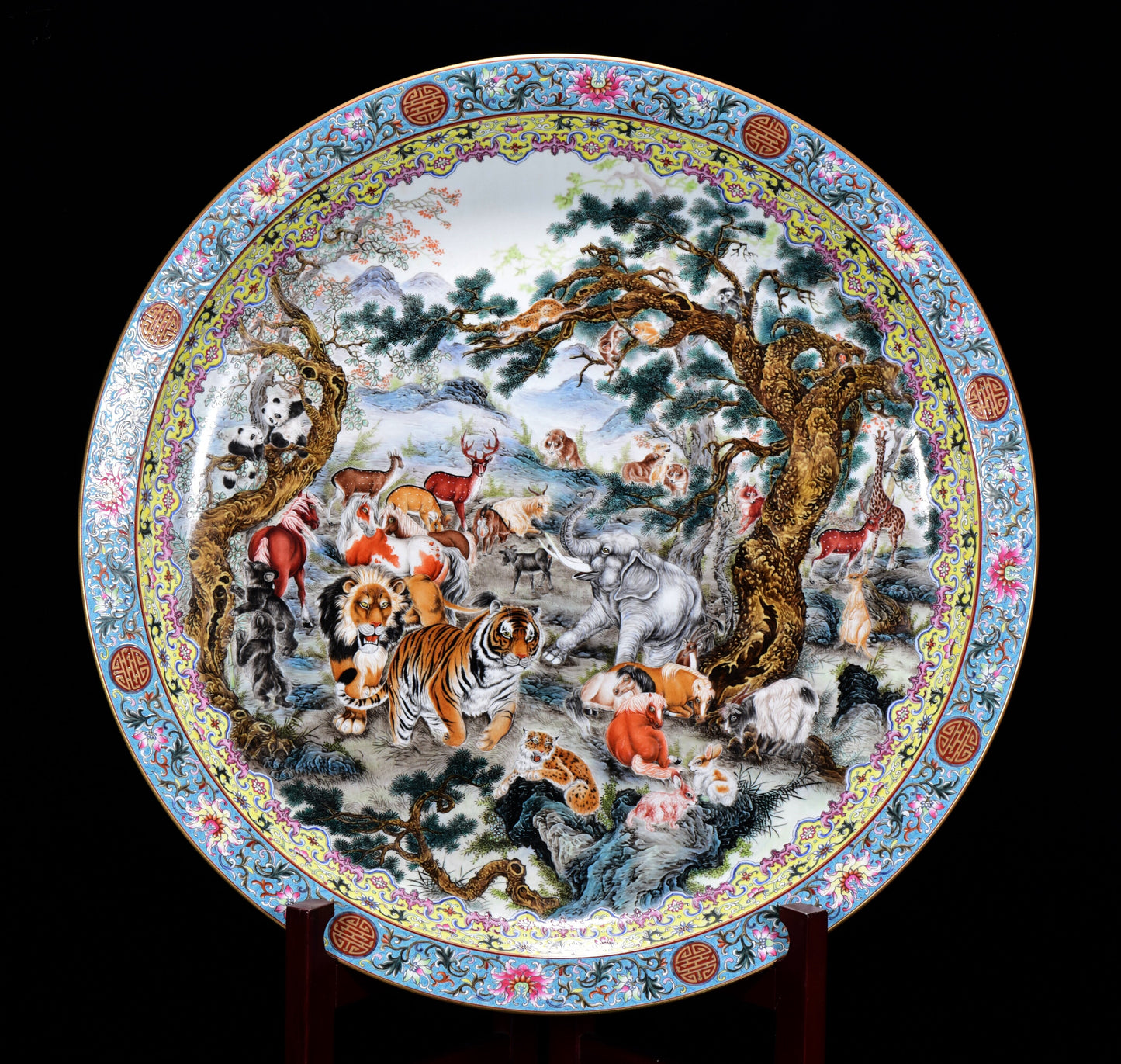 A1575 Chinese Qing Dynasty Gilt Gold Famille Rose Enamel Hundred Beast Design Porcelain Big Plate