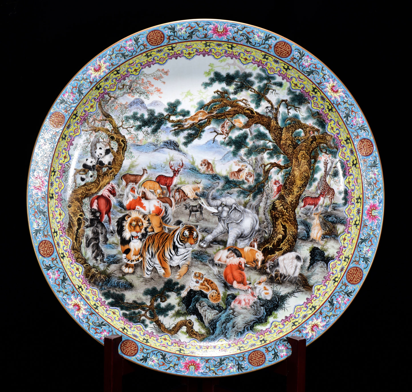 A1575 Chinese Qing Dynasty Gilt Gold Famille Rose Enamel Hundred Beast Design Porcelain Big Plate