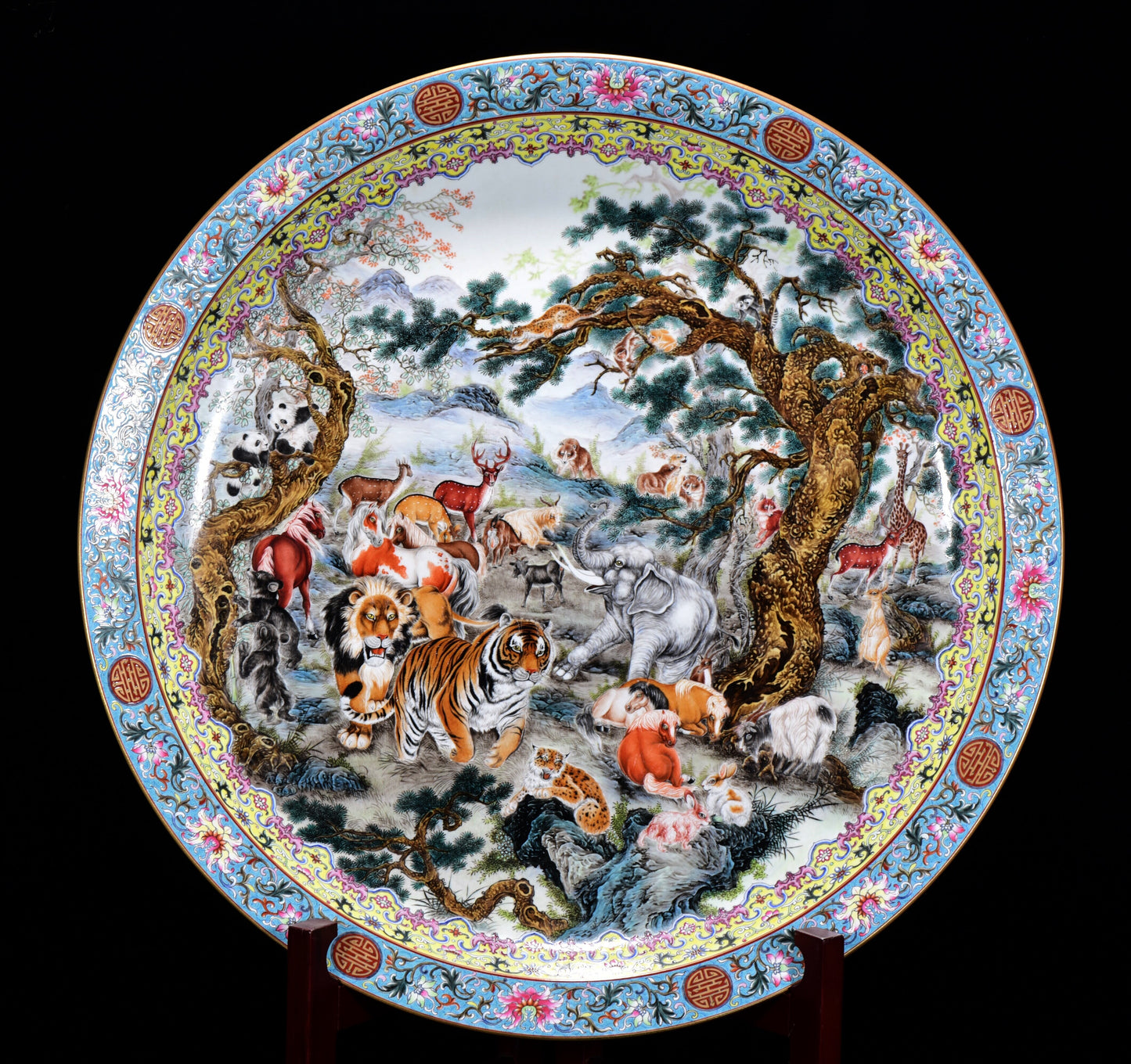 A1575 Chinese Qing Dynasty Gilt Gold Famille Rose Enamel Hundred Beast Design Porcelain Big Plate