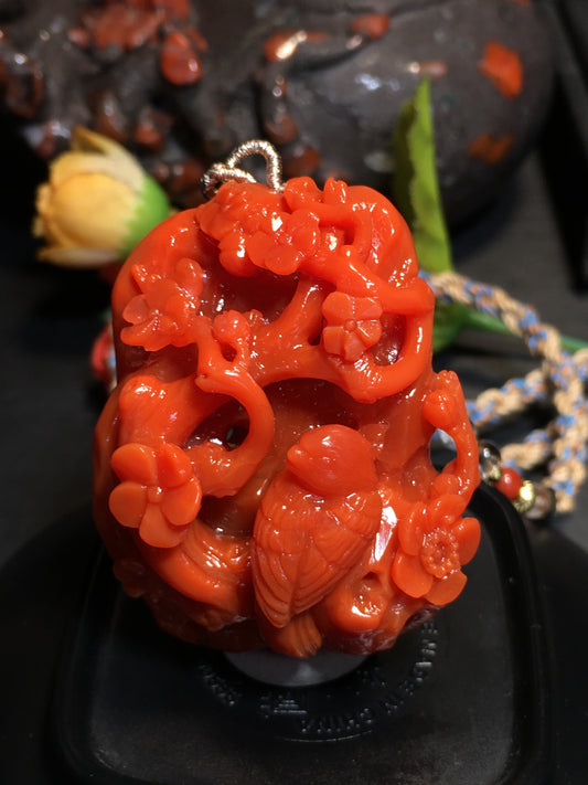 A1581 Beautiful Chinese Nanhong Agate Carved Plum Flower & Magpie Pendant