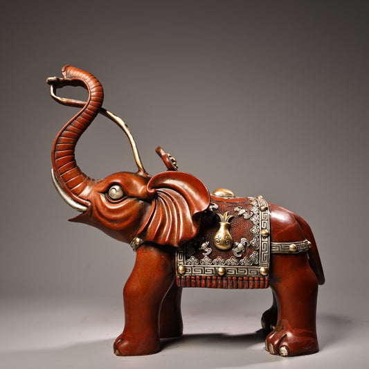 A1584 Chinese Silver Plated Gilt Gold Copper Fortune Elephant Statue
