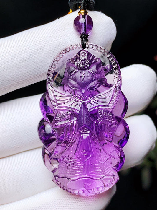 A1586 Exquisite Amethyst Carved Nine-tailed Fox Pendant