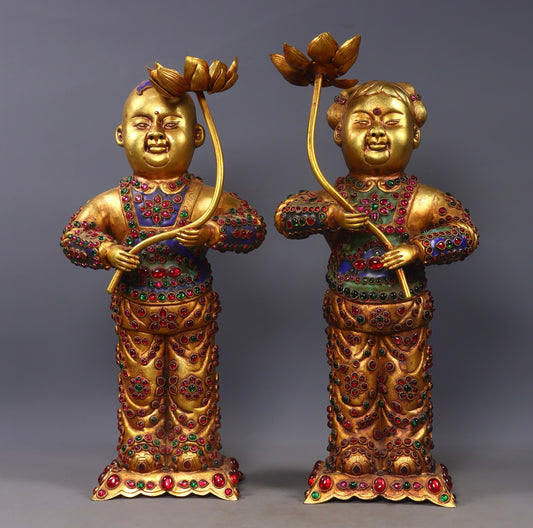 A1589 A Pair Vintage Chinese Gilt Gold Copper Cloisonne Inlay Gems Kid Statue