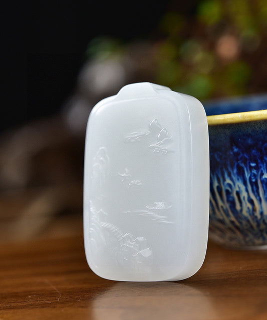 A1598 Chinese Natural Hetian Jade Low Relief Mountain River Scene Pendant