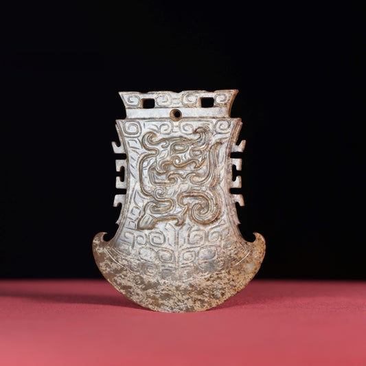 A1601 Vintage Chinese Hetian Jade Low Relief Dragon Axe Pendant