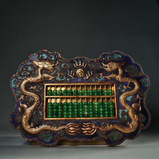 A1613 Vintage Chinese Gilt Gold Copper Cloisonne Inlay Gem & Green Jade Fortune Dragon Abacus