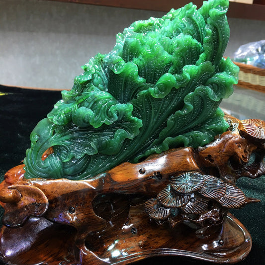 A1620 Superb Chinese Green Hetian Jade Carved Fortune Cabbage Statue