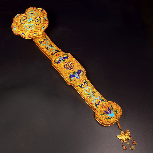 A1623 Exquisite Chinese Gold Wires Enamel Inlay Gems Ruyi Scepter