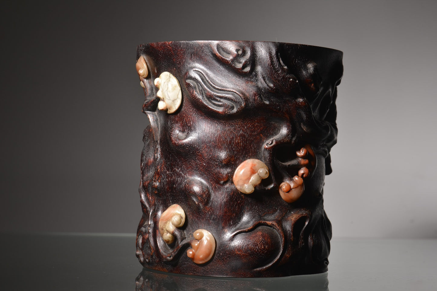 A1627 Chinese Chenxiang Wood Inlay Shoushan Stone Ruyi Brush Pot