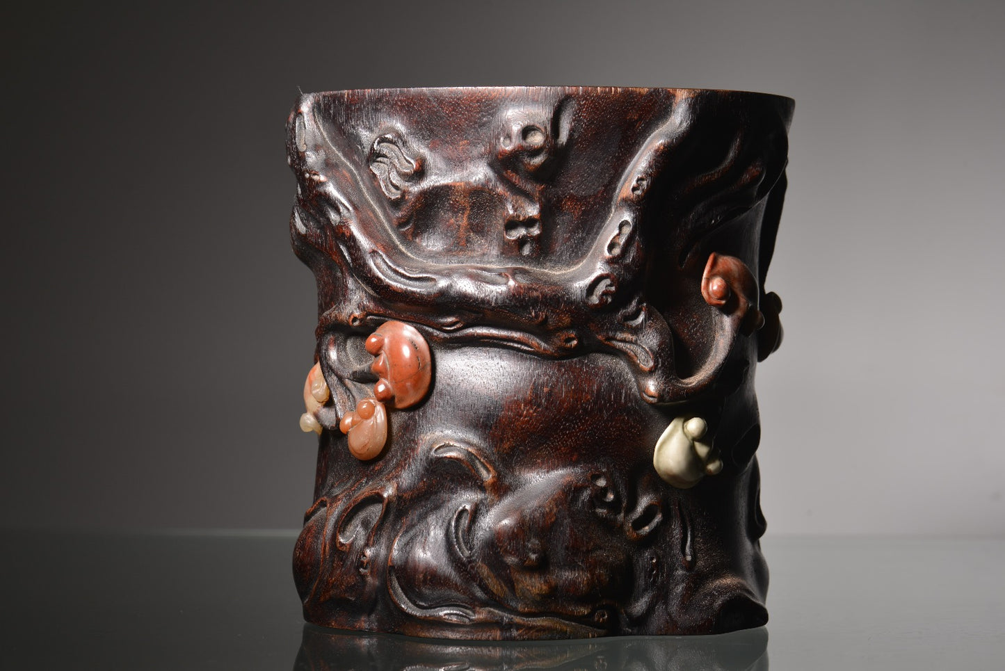 A1627 Chinese Chenxiang Wood Inlay Shoushan Stone Ruyi Brush Pot