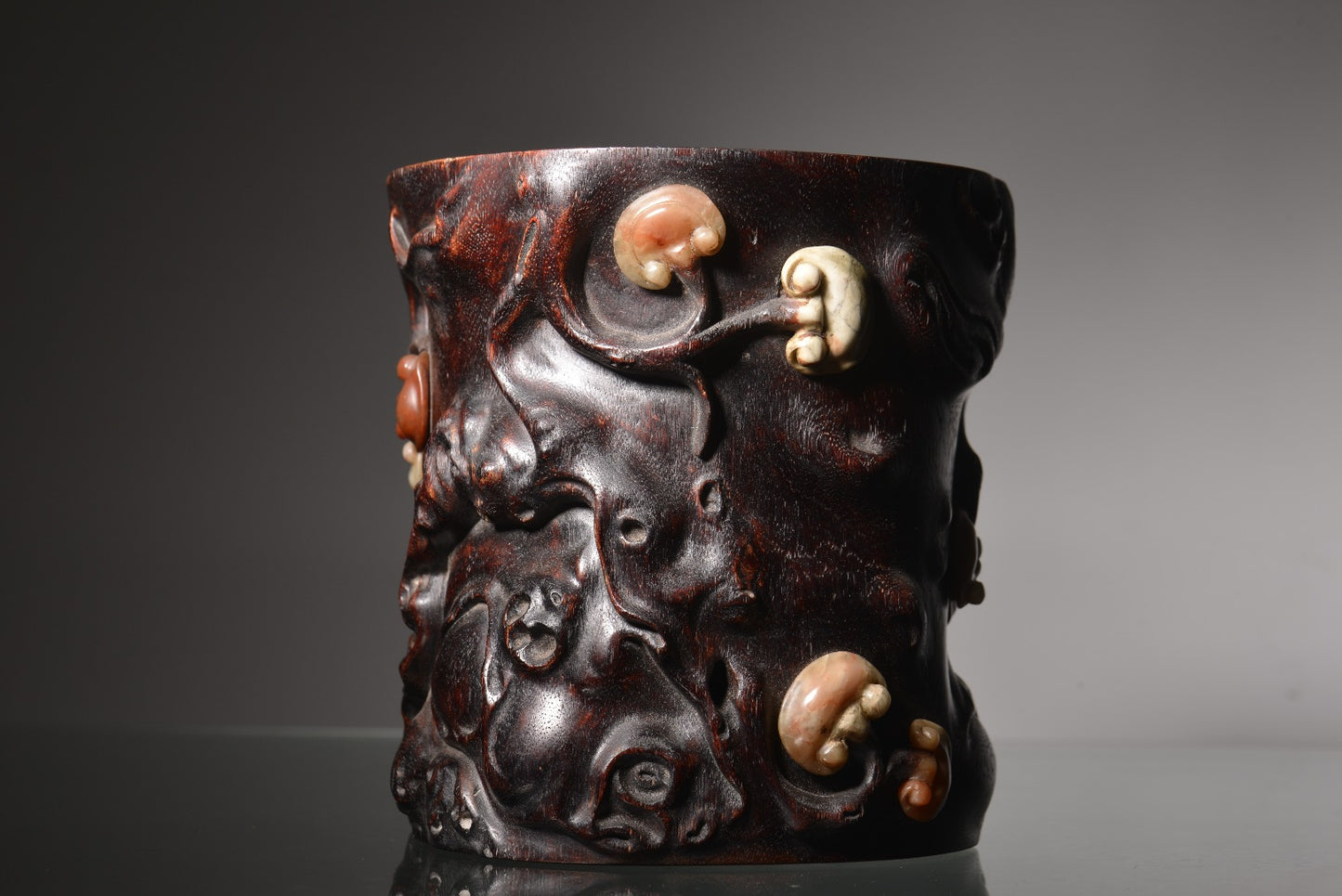 A1627 Chinese Chenxiang Wood Inlay Shoushan Stone Ruyi Brush Pot
