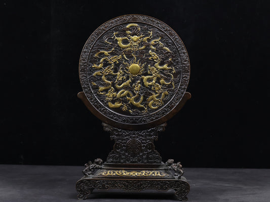 A1631 Chinese Gilt Gold Copper Low Relief Fortune Dragon Screen