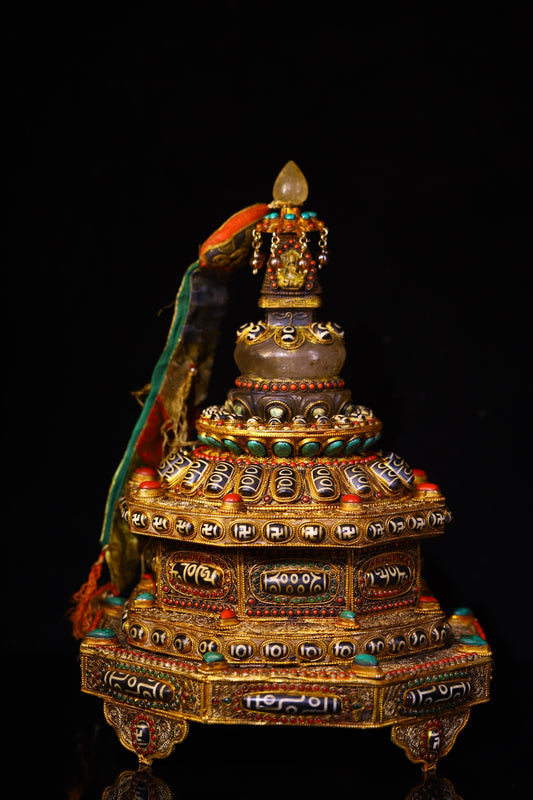 A1643 Exquisite Gold Wires Inlay Crystal & DZI Agate & Gems Pagoda Statue