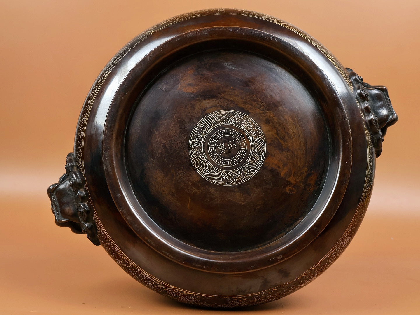 A1652 Vintage Chinese Copper Inlay Silver Wires Double Ear Fortune Lion Incense Burner w Base