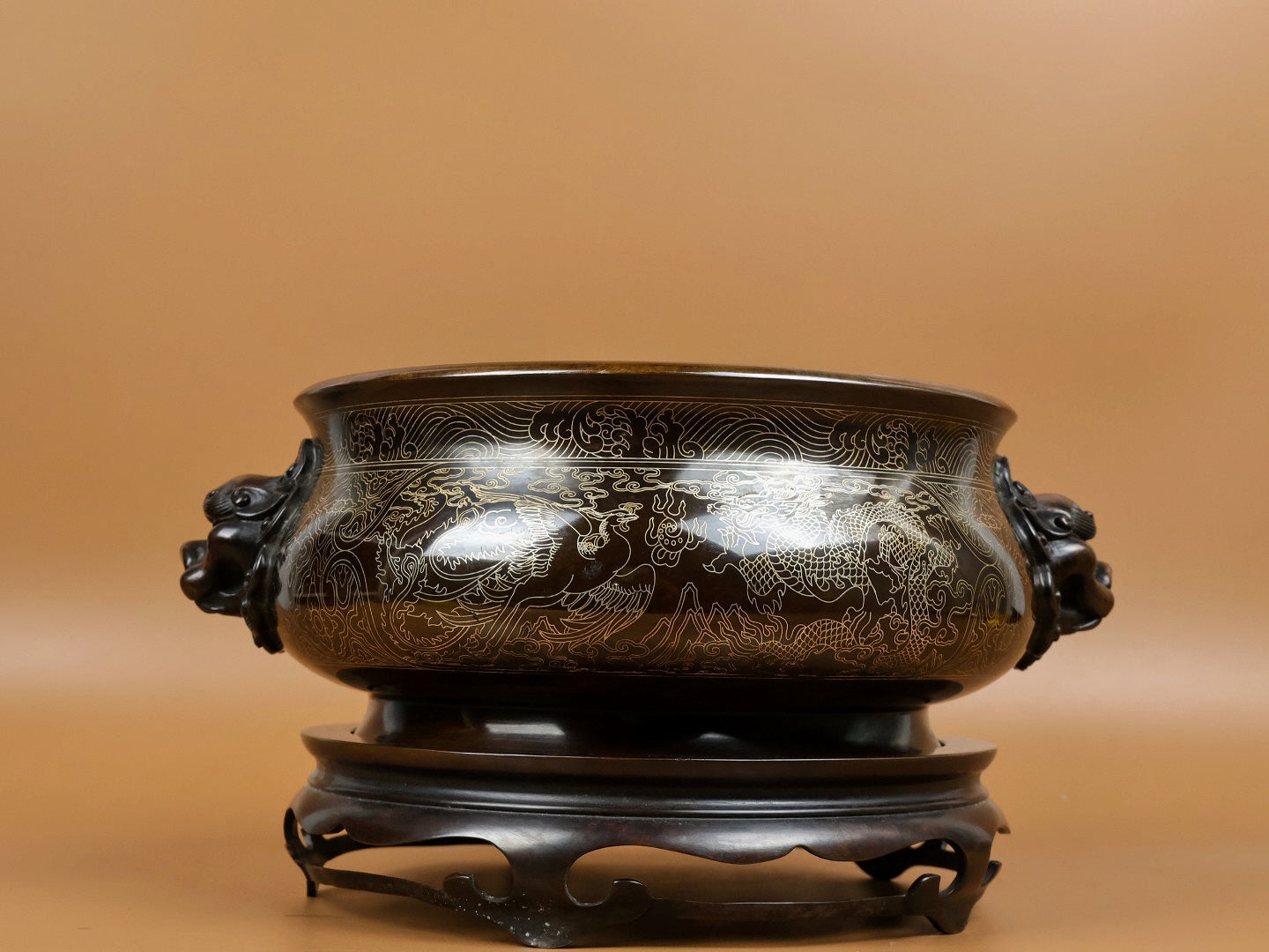 A1652 Vintage Chinese Copper Inlay Silver Wires Double Ear Fortune Lion Incense Burner w Base