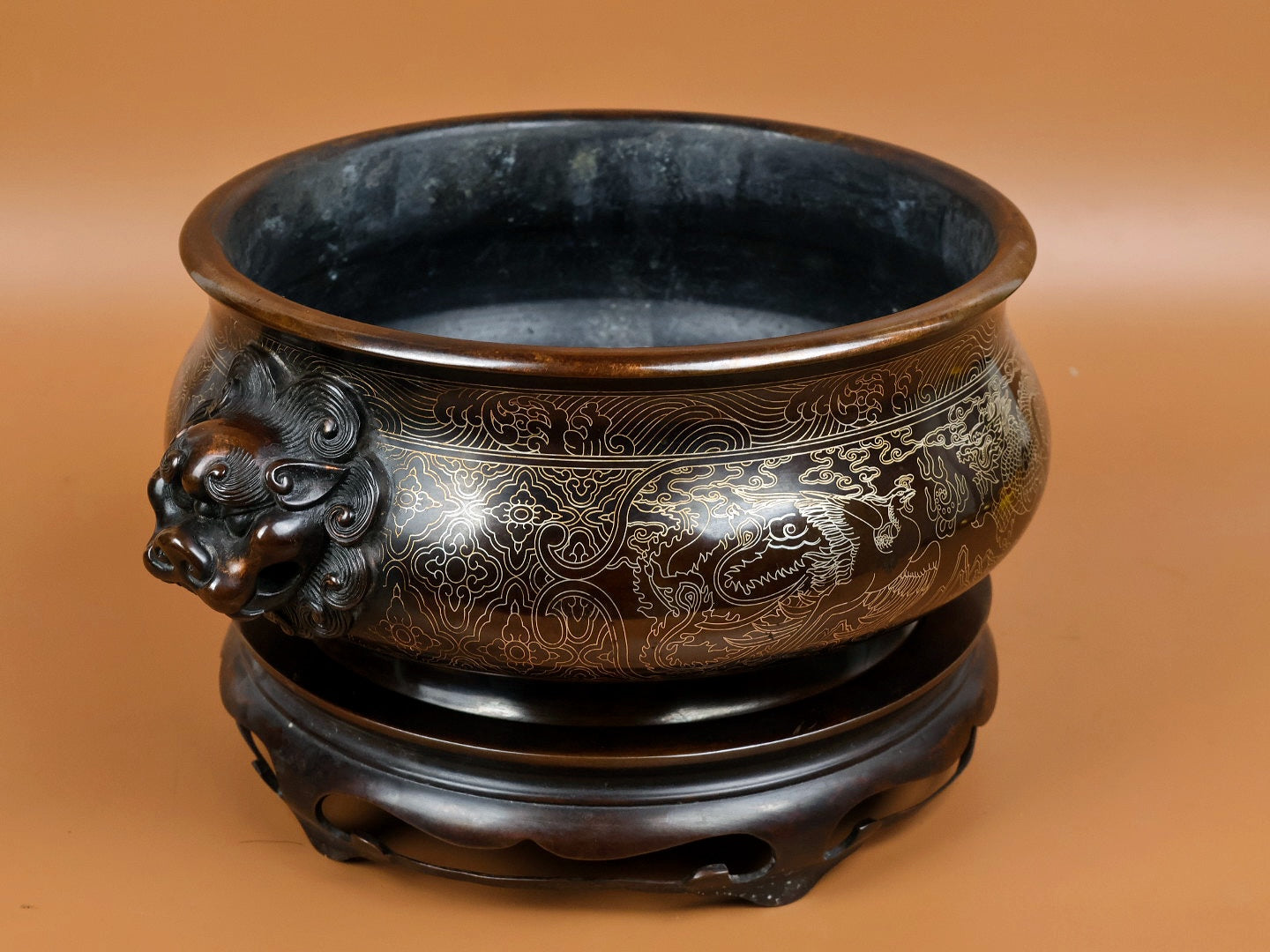 A1652 Vintage Chinese Copper Inlay Silver Wires Double Ear Fortune Lion Incense Burner w Base