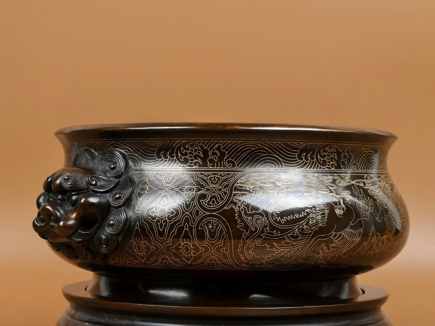 A1652 Vintage Chinese Copper Inlay Silver Wires Double Ear Fortune Lion Incense Burner w Base