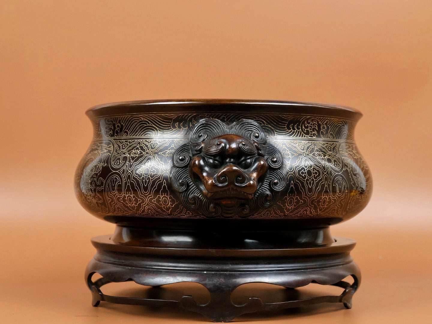 A1652 Vintage Chinese Copper Inlay Silver Wires Double Ear Fortune Lion Incense Burner w Base