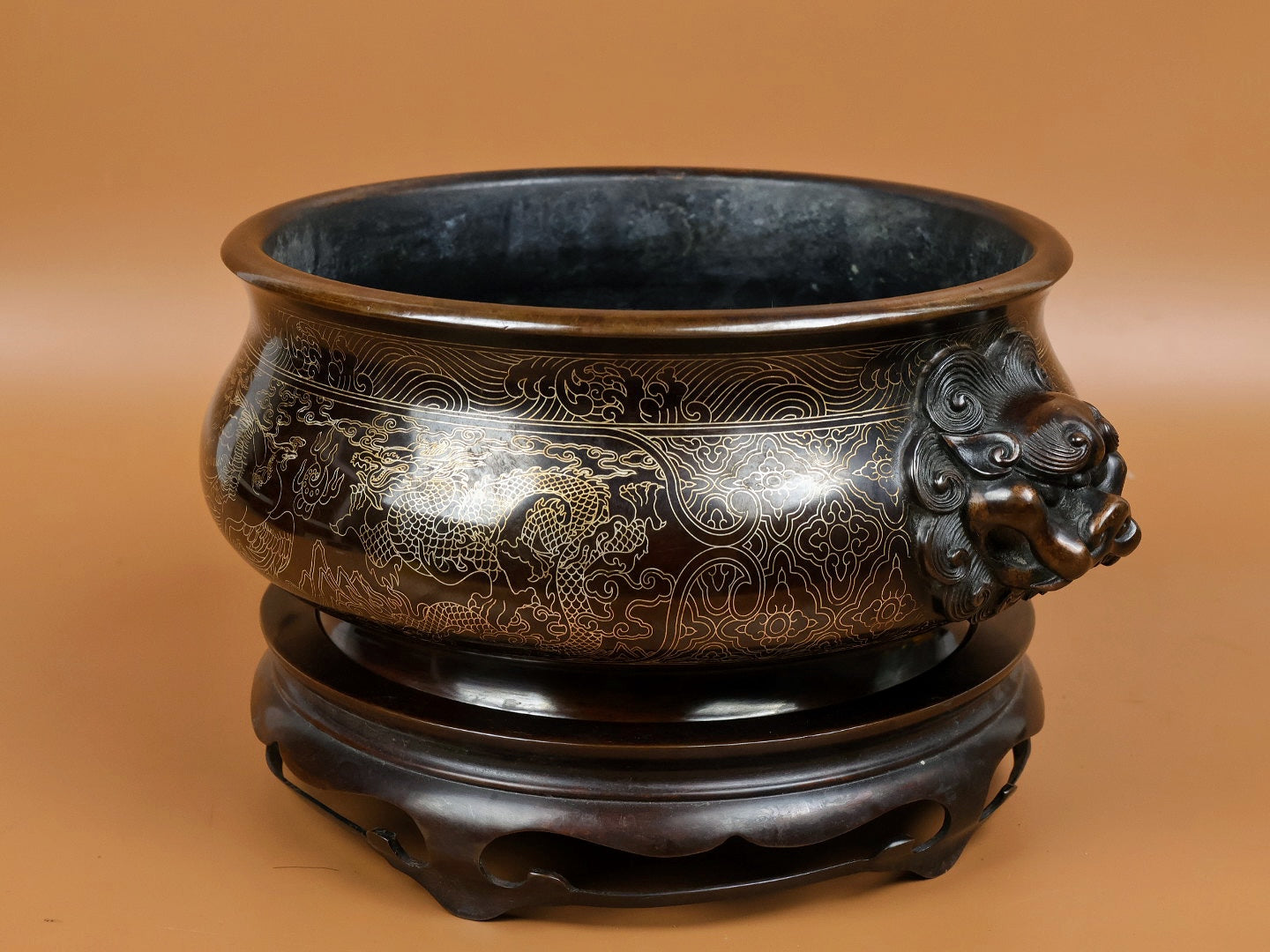 A1652 Vintage Chinese Copper Inlay Silver Wires Double Ear Fortune Lion Incense Burner w Base