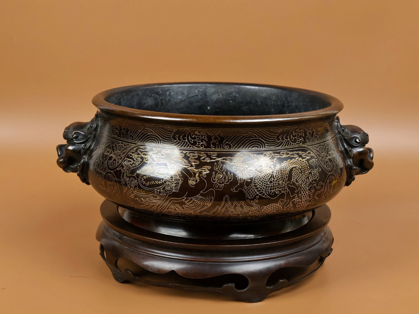 A1652 Vintage Chinese Copper Inlay Silver Wires Double Ear Fortune Lion Incense Burner w Base