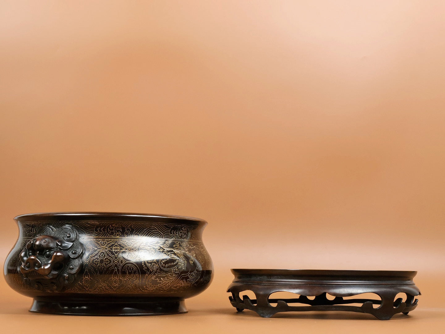 A1652 Vintage Chinese Copper Inlay Silver Wires Double Ear Fortune Lion Incense Burner w Base