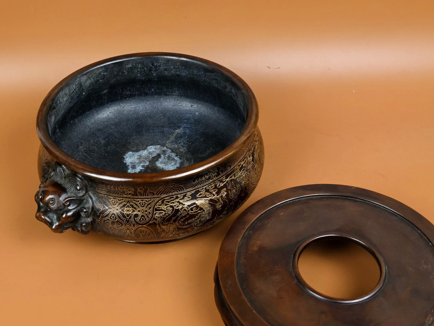 A1652 Vintage Chinese Copper Inlay Silver Wires Double Ear Fortune Lion Incense Burner w Base